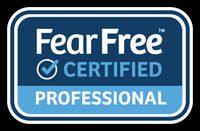 Badge reflecting we are a Fear Free Certified Professional by Fear Free, an animal behaviour & training organization, who offers science-based, behaviour-led techniques for helping pets reduce their fear, anxiety, & stress